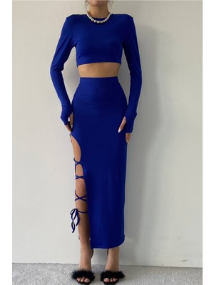 Woman Vision Kadın Saks Mavi Sandy Kumaş El Geçmeli Crop ve Yırtmacı Bağcık Detay Midi Etek Ikili Takım 299