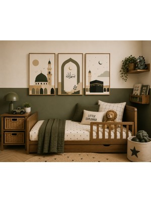 Zera Wall Mdf Tablo 3’lü Cami, Besmele ve Kâbe Temalı Islami Set – Bebek ve Çocuk Odası Duvar Dekorasyonu