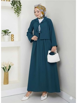 Exit Collection Kadın Tesettür Keten Kumaş Crop Petrol Mavisi Önden Bağlamalı Şık Modern Etekli Ikili Kimono Takım