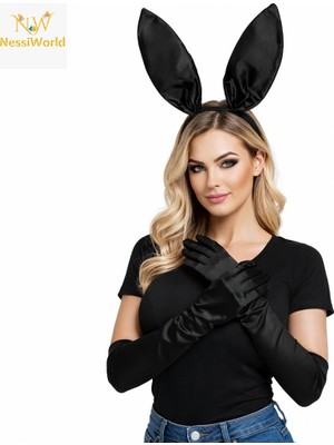 Renas Store Siyah Parlak Tavşan Kulak ve 40 cm Parlak Siyah Eldiven Kostüm Seti