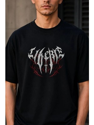 İlk El Grup Erkek Gotik Yazı Baskılı Oversize Bisiklet Yaka T-Shirt - Siyah