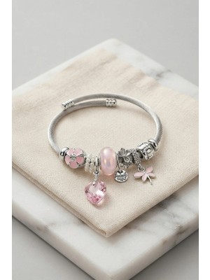 Ematcrt Mey Ithalat® Pembe Kristal Kalp Charmlı Gümüş Renk Bileklik