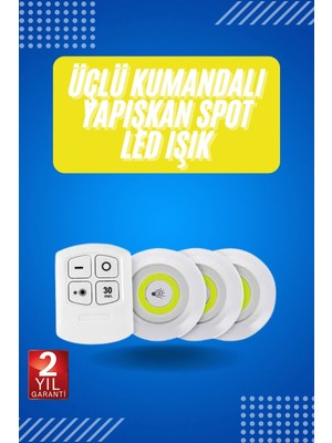 Renas Store Yapışkanlı 3'lü Spot LED Işık Lamba Montajsız Pilli Uzaktan Kumandalı
