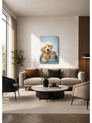 Zera Wall Mdf Tablo Mavi Battaniyeli Sevimli Yavru Köpek ve Kedi – Veteriner Kliniği, Çocuk Odası ve Ev Duvar Dekorasyonu