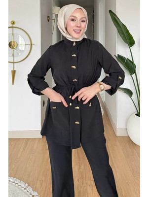 Julude Gold Düğme Detaylı Bel Bağlamalı Tunik Pantolon Tesettür Ikili Takım P-00022688