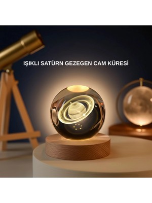 Renas Store Satürn Gezegenli Kristal Küre LED Lamba Usb’li Ahşap Standlı