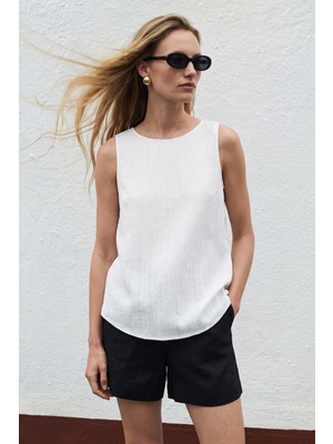 Sateen Dokulu Kolsuz Bluz - Ekru