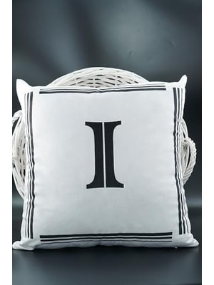 Bg Store Harfli Kırlent Kılıfı Kadife 43X43 cm Çift Taraflı I Harfi Kedi Desenli Evlilik Teklifi Doğum Günü Kırık Beyaz-Siyah-I