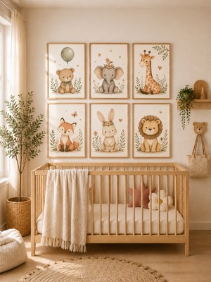 Zera Wall Mdf Tablo 6’lı Balonlu Ayıcık, Fil, Zürafa, Tilki, Tavşan ve Aslan Temalı Set – Bebek ve Çocuk Odası Duvar Dekorasyonu