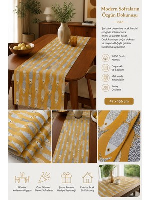 Balık Desenli Duck Kumaş Runner 47X166 cm – Hardal Renk Dekoratif Masa Örtüsü, Modern ve Şık Sofra Aksesuarı