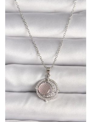 Renas Store 316L Çelik Gümüş Renk Zirkon Taşlı Pembe Sedefli Hilal Model Kadın Kolye - TJ-BKO9701