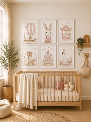 Zera Wall Mdf Tablo 6’lı Uçan Balon, Tavşan, Atlıkarınca, Geyik, Şato ve Taçlı Kuğu Temalı Set – Bebek ve Çocuk Odası Duvar Dekorasyonu