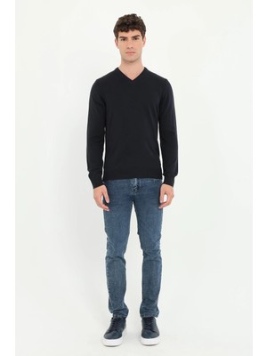 Dufy Erkek Slim Fit V Yaka Lacivert Triko