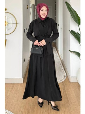 Julude Yelek Kombinli Polo Yaka Bel Lastikli Tesettür Elbise P-00022695