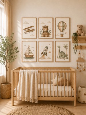 Zera Wall Mdf Tablo 6’lı Uçak, Pilot Ayıcık, Uçan Balon, Yelkenli, Roket ve Dinozor Temalı Set – Bebek ve Çocuk Odası Duvar Dekorasyonu