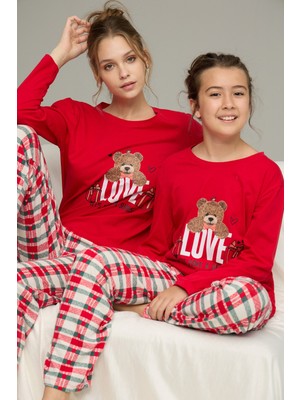 Siyah İnci Kırmızı Ekose Desenli Pamuklu Bisiklet Yaka Örme Pijama TAKIM25241129