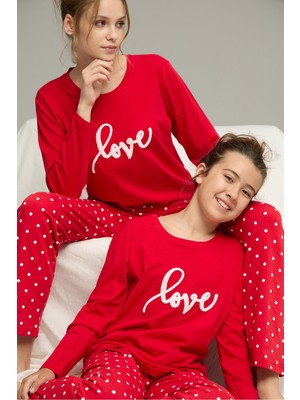 Siyah İnci Kırmızı Puan Desenli Pamuklu Bisiklet Yaka Örme Pijama TAKIM25241137