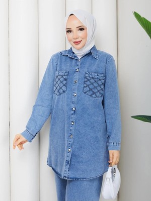 Exit Collection Kadın Tesettür Kot Takım Önü Düğme Cep Detaylı Ceket Tunik Boy Pantolon Takım
