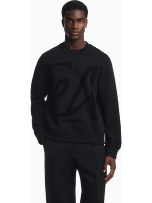 Emporio Armani Erkek Büyük Kadife Logo Detaylı Pamuklu Çift Jarse Kumaşlı Uzun Kollu Siyah Sweatshirt EM006841 AF10013-MC722