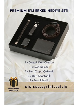 Cüzcan Kutulu Klasik Erkek Deri Cüzdan Kemer Çakmak Bileklik Anahtarlık Seti