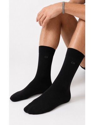 Calvin Klein Men's Cotton Crew Socks With Ck Logo 3 Pack Black Erkek Pamuklu Uzun Çorap 3 Lü Pkt Siyah