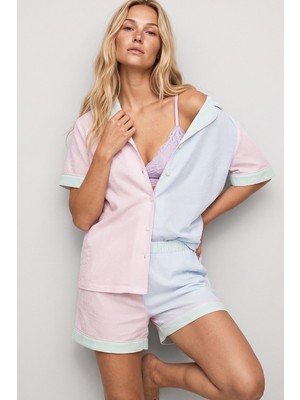 Siyah İnci Çok Renkli Çizgi Desenli Düğmeli Biyeli Ince Soft Örme Şortlu Pijama Takımı 8068