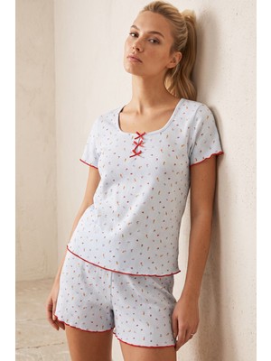 Siyah İnci Mavi Çiçek Desenli Fiyonklu Pointelli Örme Şortlu Pijama Takımı 26120260