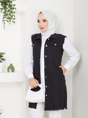 Exit Collection Kadın Tesettür Cepli Şık Rahat Yumuşak Kot Yelek Kolsuz Ceket Yelek Kadın