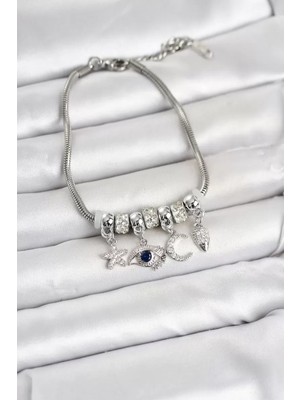 Renas Store Pirinç Gümüş Renk Göz Detaylı Charmlı Kadın Bileklik