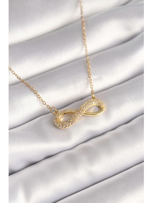Renas Store Mey Ithalat® 316L Çelik Gold Renk Zincir Zirkon Taşlı Sonsuzluk Model Kadın Kolye