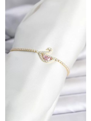Renas Store Pirinç Gold Renk Zirkon Taşlı Swan Model Su Yolu Kadın Bileklik