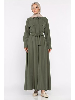 Julude Polo Yaka Bel Kuşaklı Çift Cepli Tesettür Elbise P-00022687