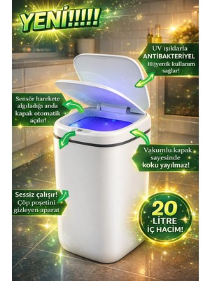 Renas Store 20L Akıllı Sensörlü Çöp Kovası Uv Işık Koku Geçirmez Mutfak Banyo Wc Ofis