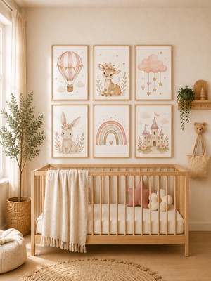 Zera Wall Mdf Tablo 6’lı Uçan Balon, Çiçekli Geyik, Bulut, Tavşan, Gökkuşağı ve Şato Temalı Set – Bebek ve Çocuk Odası Duvar Dekorasyonu