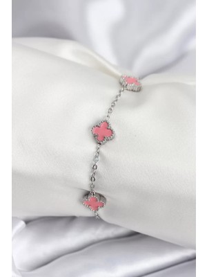 Renas Store 316L Çelik Gümüş Renk Pembe Baby Boy Yonca Kadın Bileklik - TJ-BB7947