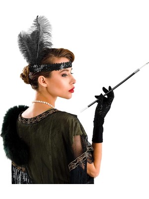 Renas Store Mey Ithalat® Gatsby Aksesuar Seti – Siyah Charleston Saç Bandı &amp; Sigaralık