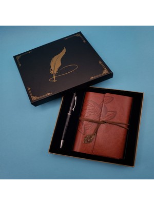 Renas Store Deri Defter ve Tükenmez Kalem Karton Kutu Kahverengi