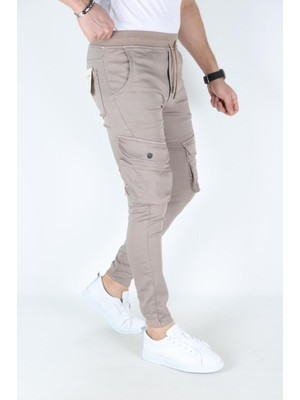 Myrab Denim Erkek Krem Kargo Cepli Paça Bel Lastikli Likralı Kargo Cep Pantolon