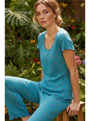 Siyah İnci Yeşil Çiçek Desenli Pamuklu Pointel Ajurlu/delikli Kısa Kolluörme Pijama Takım 26120641