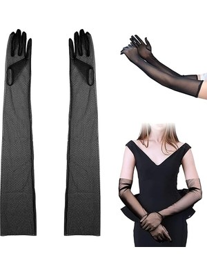 Renas Store Uzun Boy Likralı Siyah Renk Yetişkin Mega Tül Eldiven 53 cm