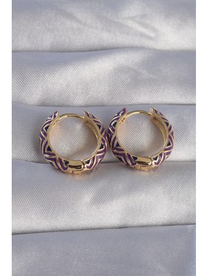 Belirtilmemiş Pirinç Gold Renk Mor Etnik Desenli Halka Küpe