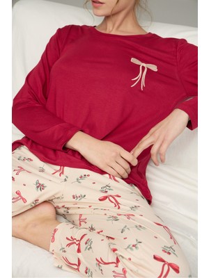 Siyah İnci Vişne Fiyonk Desenli Nakışlı Örme Pamuklu Pijama Takım 25240205