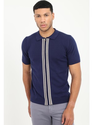 Dufy Erkek Slim Fit Fermuarlı Polo Yaka Lacivert Triko