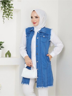Exit Collection Kadın Tesettür Cepli Şık Rahat Yumuşak Kot Yelek Kolsuz Tesettür Elbise Ceket
