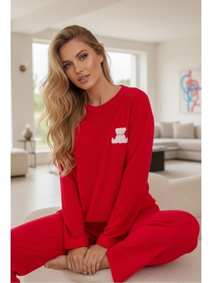 Siyah İnci Kırmızı Nakışlı Havlu Kumaş Örme Pijama TAKIM25226007