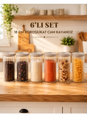Denaro Home 6’lı 18 cm Borosilikat Cam Kavanoz Seti Silikon Kapaklı Çizgili Şeffaf Saklama Kabı
