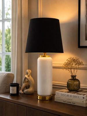 Denaro Home Lungo Cam Gövdeli Siyah Başlıklı Gold Detaylı Dekoratif Abajur 59 cm