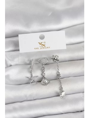Renas Store Pirinç Gümüş Renk Zirkon Taşlı Deniz Temalı 3'lü Kadın Küpe - TJ-BKP11702