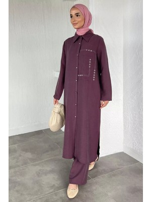 Julude Tesettür Bel Lastikli Pantolon Boydan Düğmeli Tunik Ikili Takım P-00022188