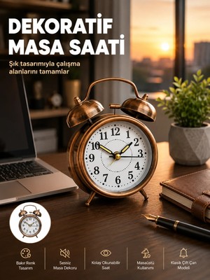 Renas Store Retro Tarz Bronz Dekoratif Masa Saati Metal Gövde Yüksek Sesli Alarm